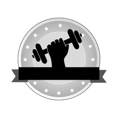 Wall Mural - circular emblem with decorative stars and hand holding a dumbbell fwith ribbon vector illustration