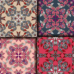 Vector abstract seamless patchwork pattern. Arabic tile texture with geometric and floral ornaments. Decorative elements for textile, book covers, print, gift wrap. Vintage boho style.