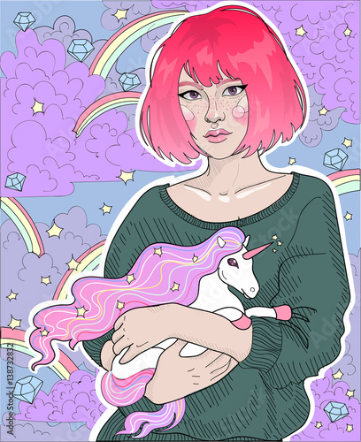 Bright Color Vector Beautiful Girl With Pink Hair Holding Hands