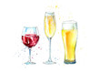 Glass of a champagne, beer and wine. Picture of a alcoholic drink.Watercolor hand drawn illustration.