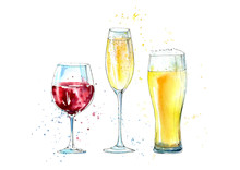 Glass Of A Champagne, Beer And Wine. Picture Of A Alcoholic Drink.Watercolor Hand Drawn Illustration.