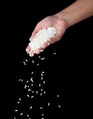 Canvas Print - Hands dropping rice grain isolated on black background.