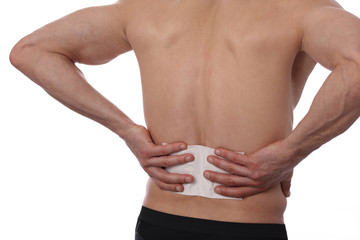 medicated pain relief patch, plaster. man with back pain. pain relief and health care concept isolat