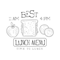 Sticker - Cafe Lunch Menu Promo Sign In Sketch Style With Sandwich, Apple And Cookies, Design Label Black And White Template