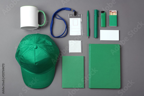 Fotografía Set of blank items for branding on grey background