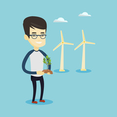 Poster - Man holding small plant vector illustration.