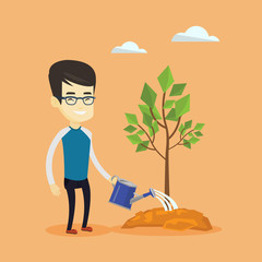 Wall Mural - Man watering tree vector illustration.