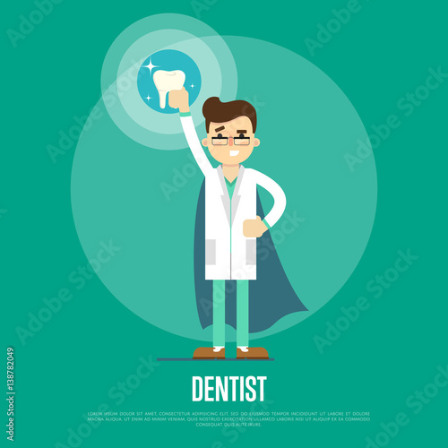 Male Cartoon Dentist In Medical Uniform And Superhero Blue Cape