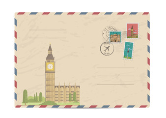 Wall Mural - Big Ben and Westminster in London, UK. Vintage postal envelope with famous architectural composition, postage stamps and postmarks on white background vector illustration. Airmail postal services.