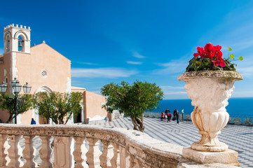 The main Square of the famous touristic village Taormina, Sicily, seen from the little San Giuseppe church