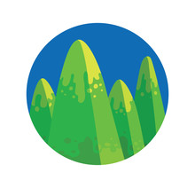 Vector Blue Round Label With Cartoon Image Of Green Mountain With Four Rounded Peaks In The Center On A White Background. Nature, Climbing, Background. Vector Illustration.