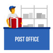 © mmelnikoff - Delivery man in blue uniform holding red gift box. Postman behind the counter with parcel in post office. Lot of boxes silhouettes at the back. Simple flat clip art with place for text.