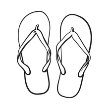 Pair Of Flip Flops, Summer Time Vacation Attribute, Slippers, Shoes, Sketch Style Vector Black And White Illustration Isolated On White Background. Hand Drawn Flip Flops, Sandals, Symbol Of Summer