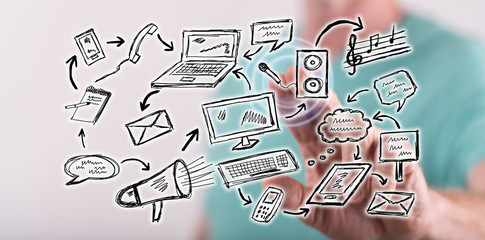 Man touching a communication concept on a touch screen