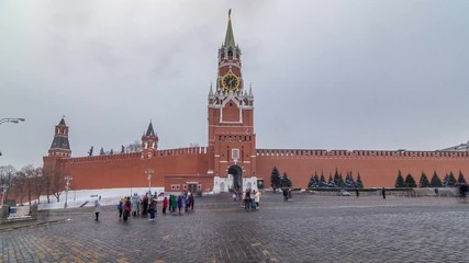 Wall Mural - View of The Saviour Spasskaya Tower timelapse hyperlapse and Kremlin walls of Moscow Kremlin, Russia at day in winter.