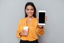Happy Young Business Woman Showing Blank Screen Mobile Phone