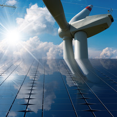 Wall Mural - Solar Panels - Wind Turbine - Power Line - Solar and wind energy