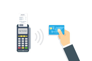 Wall Mural - Pos terminal confirms contactless payment from credit card. NFC Payment vector illustration in flat style.