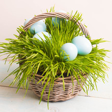 Blue Easter Eggs In Basket, Grass On Wooden Background