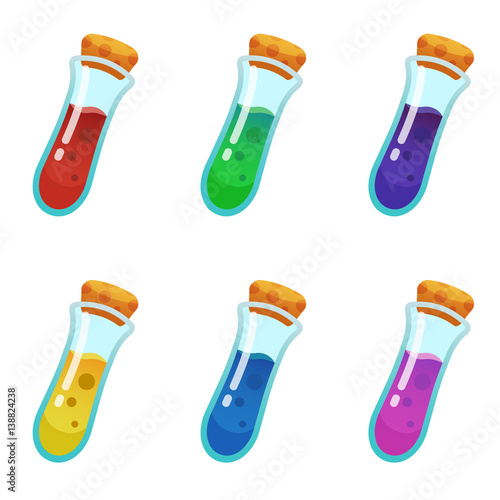 Colorful potion bottle icons set. Assets set for game design and web