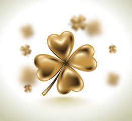 Golden clover leaf, vector illustration for St. Patrick day. Blured four-leaf on light white background. Isolated jewelry 3d design