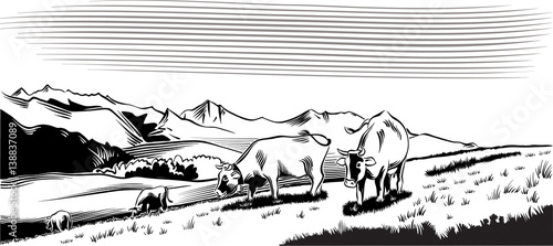 Dekoracja na wymiar  gorski-krajobraz-rolniczy-z-krowami-na-lace-z-zamiarem-wypasania-trawy