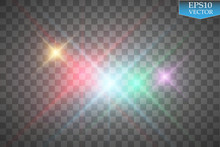 Vector Multi Colored Glowing Stars, Lights And Sparkles On Transparent Background.