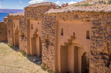 Detail of Inca ruins of Temple of the Virgins of the sun on Isla de la Luna, Lake Titicaca, Bolivia.