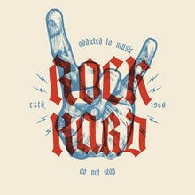 Rock Hard Vintage Hand Gesture And Gothic Letters Music Grunge Print