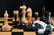 The chess pieces and pile of checkers placed on the chessboard.