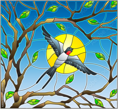 Obraz w ramie Illustration in stained glass style on the theme of spring, the swallow flying on the background of Sunny sky through the lumen of the branches of a tree
