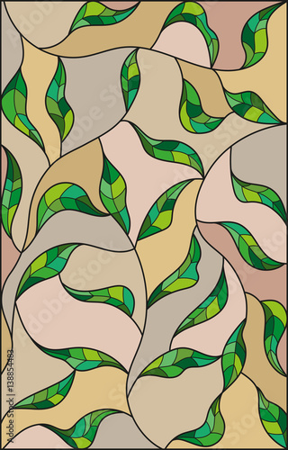 Obraz w ramie Illustration in the style of stained glass with green leaves on a brown background