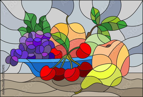 Nowoczesny obraz na płótnie Illustration in stained glass style with still life, fruits and berries in blue bowl