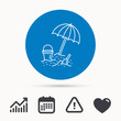 © tanyastock - Beach umbrella in sand icon. Bucket with shovel sign. Baby summer games symbol. Calendar, attention sign and growth chart. Button with web icon. Vector