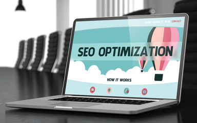 Wall Mural - seo optimization on laptop in conference hall. 3d.