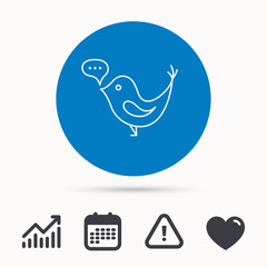 Bird with speech bubble icon. Chat talk sign. Social media concept symbol. Calendar, attention sign and growth chart. Button with web icon. Vector