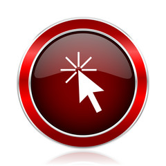 Fototapete - Click here red round glossy vector web icon. Circle modern design chrome metal border abstract sign for smartphone applications