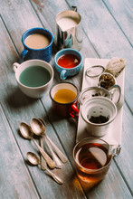 Different Types Of Tea On A Grunge Blue Wooden Background