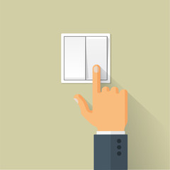 Hand turning on the light switch. Turning off light toggle. Flat style vector concept illustration with long shadow.