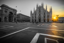 Duomo Cathedral With Beautiful Sunrise Flare, Milan. Italy 