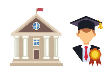 Wall Mural - Graduation man silhouette uniform avatar vector illustration. Student education college success character. School icons and university building vector illustration.