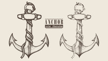 Vintage Anchor Hand Drawn Illustration.  Ships Anchor And Rope Graphic Collection