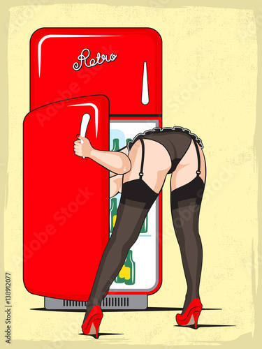 Fototapeta na wymiar Pin-up girl in lingerie looks into the refrigerator
