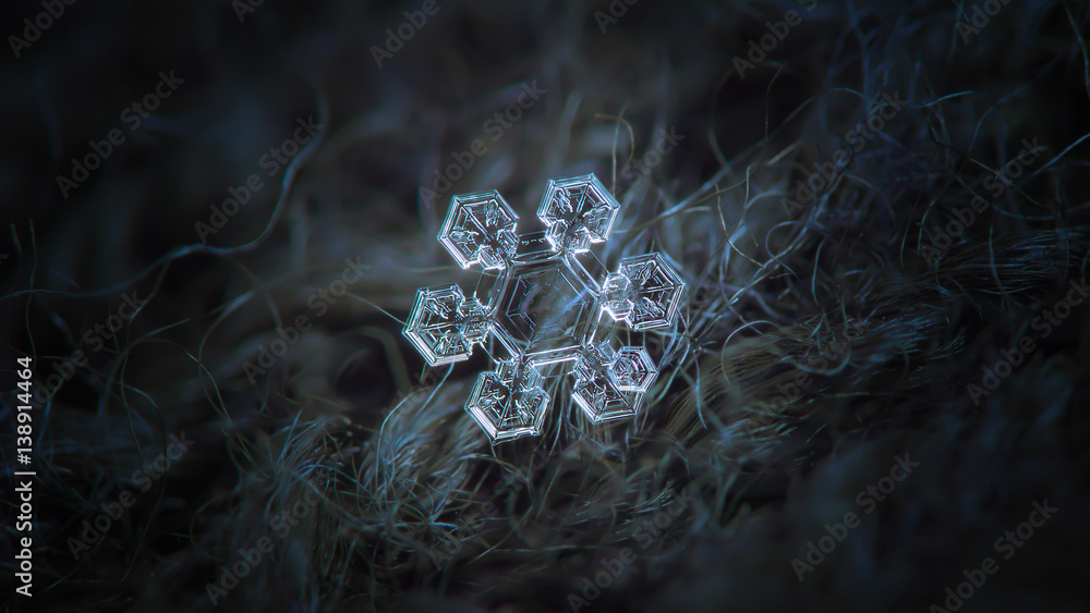 Snowflake Inner Snowflake glitter on dark woolen background. This is macro photo of ...