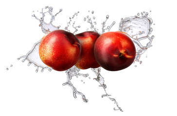 Wall Mural - Water splash and fruits isolated on white backgroud. Fresh nectarine