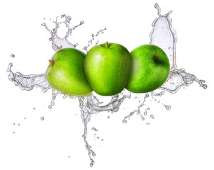 Wall Mural - Water splash and fruits isolated on white backgroud. Fresh apple
