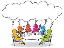 Farbige Strichmännchen: Team-Besprechung Am Runden Tisch Mit Gemeinsamem Brainstorming