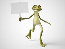 3D Rendering Of Cartoon Frog Holding Blank Sign.
