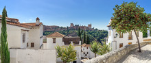 Panoramic View Of The Alhambra. The Arabian Quarter Albaicin And The View Of The World Famous Alhambra In Granada.