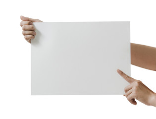 Close up hand holding blank white paper card on white background. File contains a clipping path.